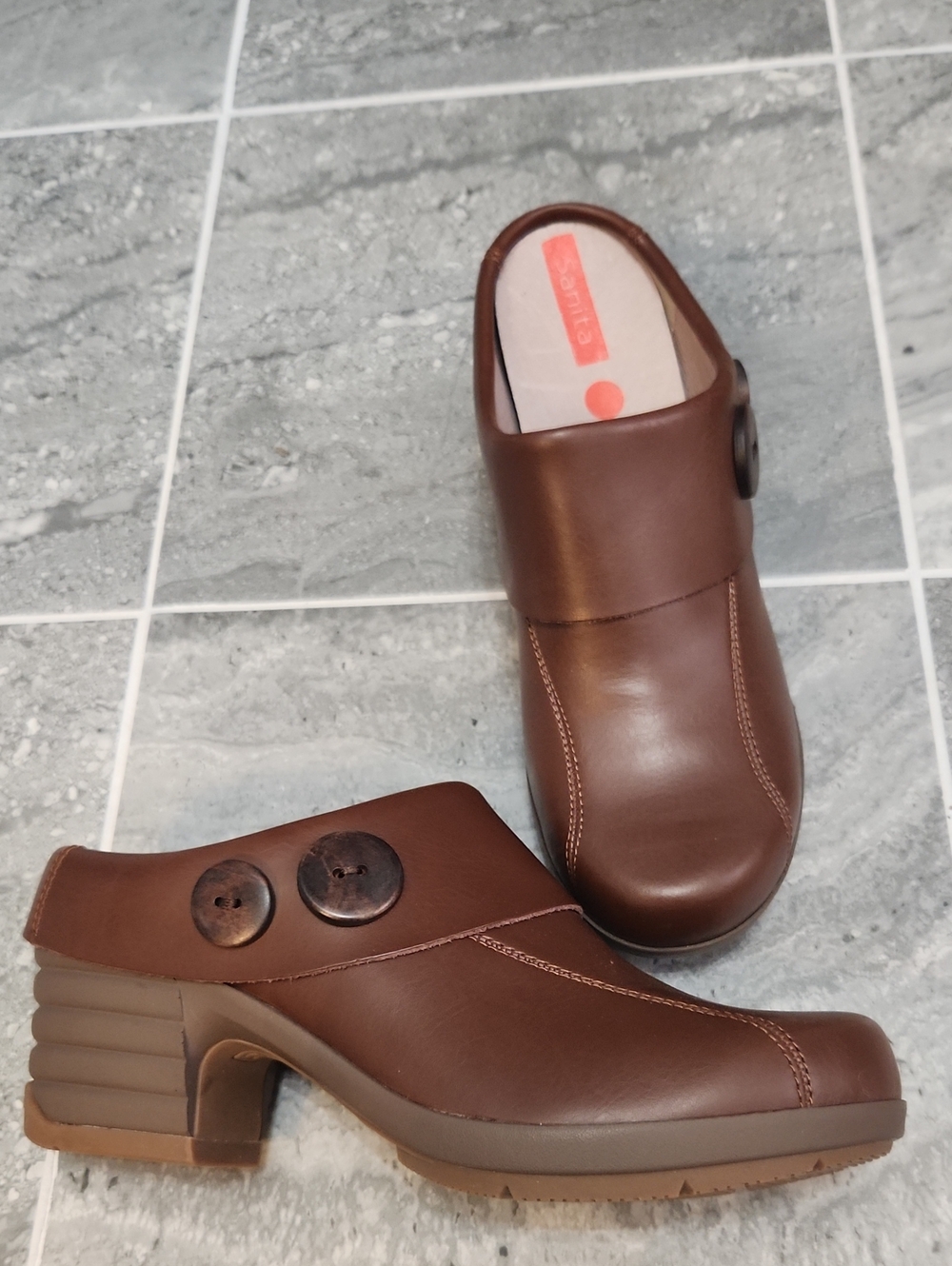 Sanita Brown Leather Women’s Button-Accent Clog Mule Size 41